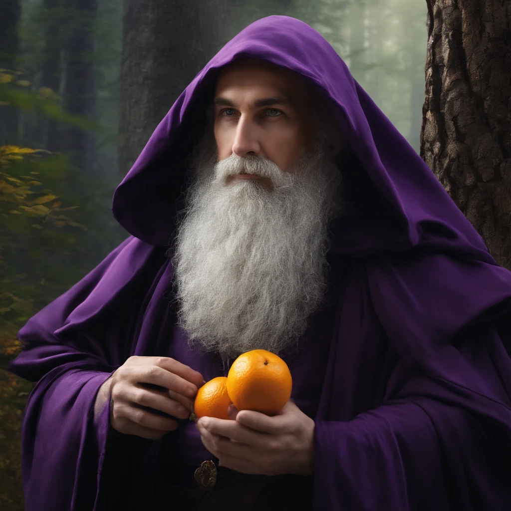 Arafed monk in a purple robe holding a glass of orange juice, like a Wizard, in dark purple robes, wearing black and purple robes, Portrait of a forest wizard, wearing dark robe, casting a spell on a potion, evil sorcerer, tarot card the hermit, saggy purple robes, an arcane wizard casting a spell, dark cloak, wizard with beard, realistic image, wizard in the purple forest, forest with purple vegetation