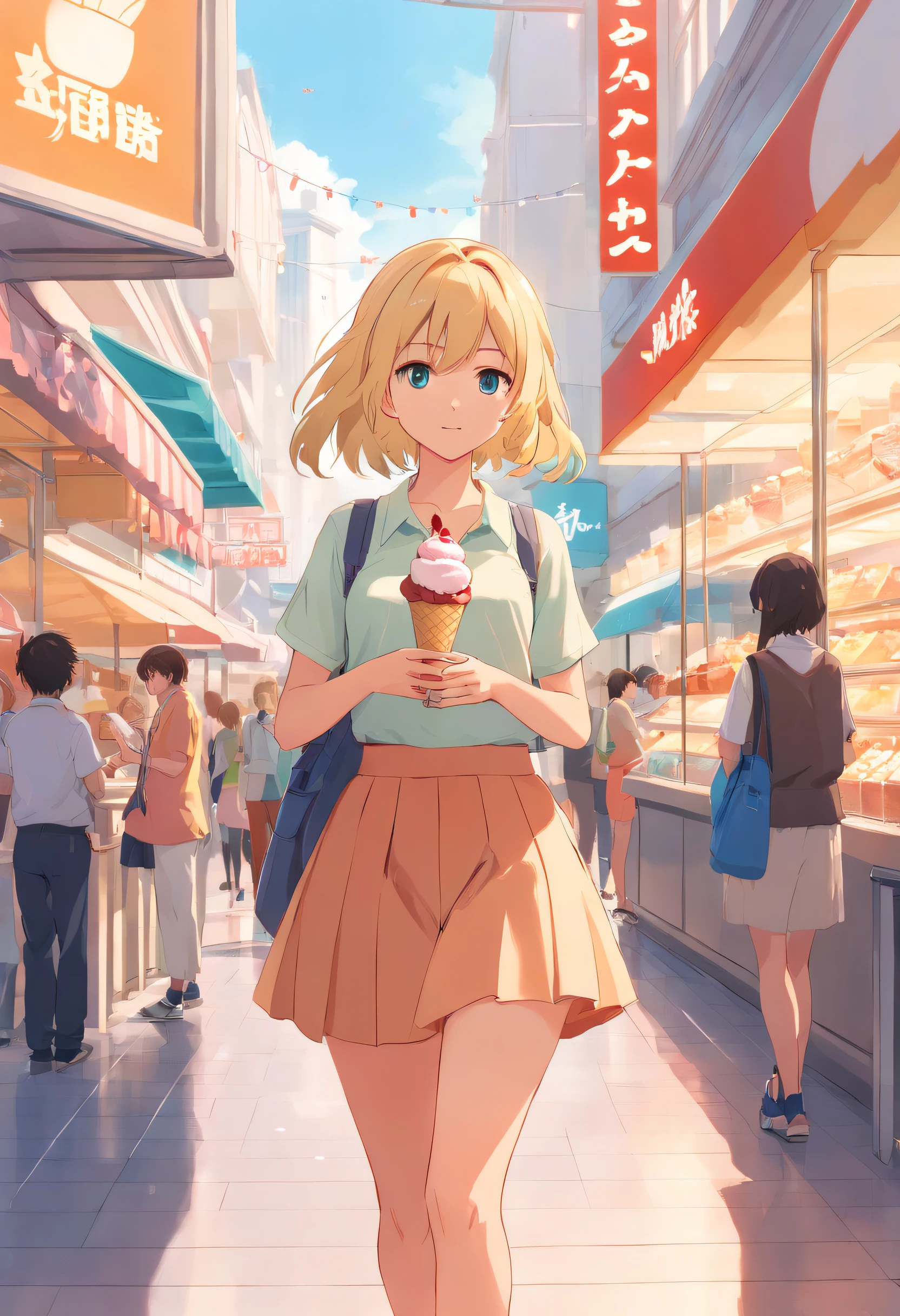 arte estilo anime, Tall blonde girl with large bust on a walk in the mall with an ice cream in hand, Her hair is short and she wears a skirt