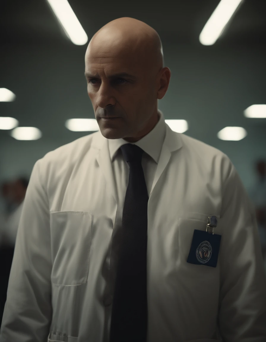 cinematic portrayal, parte superior do corpo, rosto, facing the audience, (realidade :1.3), A bald 45-year-old man looks at the camera, Medical Suits, (roupas brancas:1.4), rosto bonito detalhado, Fundo saka de comando de indicadores, fotos realistas, CG, Art Station