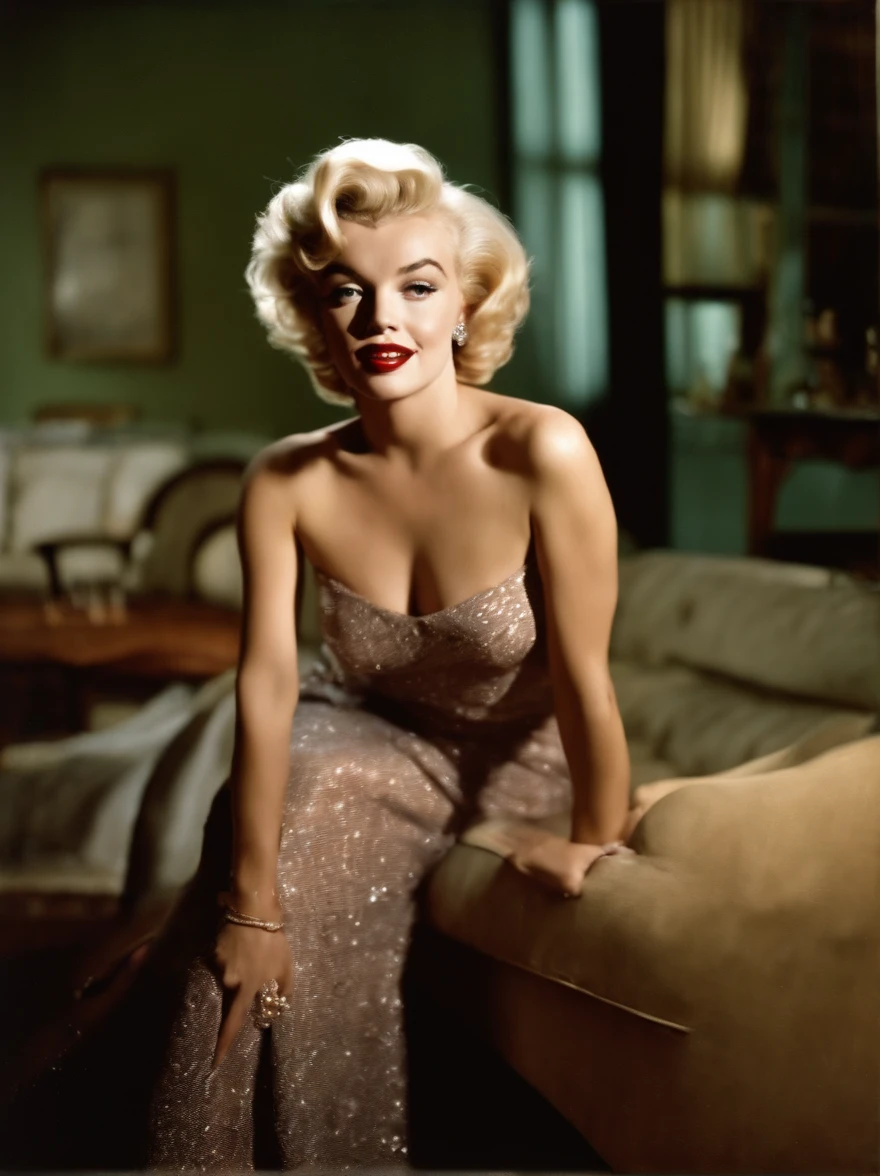 an analog photo of Marilyn Monroe at home in 1962, realista, raw, 8k
