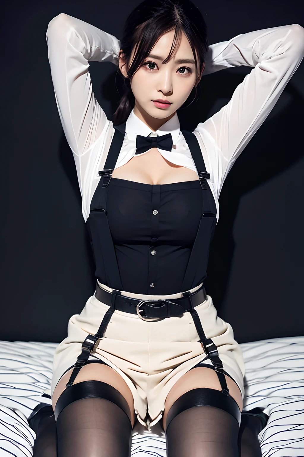 Belt bag,Suspenders Black Miniskirt　garterbelts　knee high　Stockings　Black Niso　Colorcon armpit sweat　perspiring　Side of both hands,Black jacket,Gaze,ample bosom,Armpit sweat,Exposing the armpits"Tight clothes、Cuffed、wristbands　Lay down on the bed with your hands up　suits