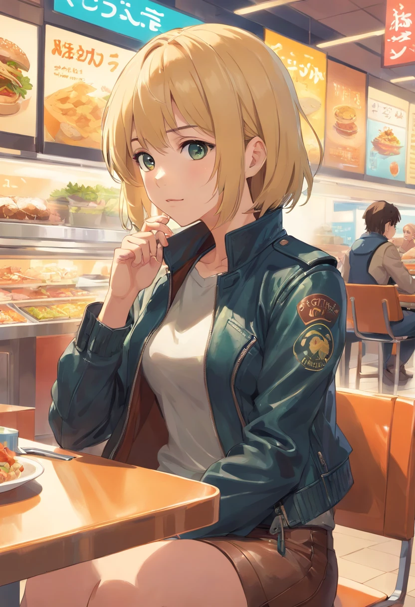 Blonde girl with a bust wearing a leather jacket sitting in food court in shopping mall with short hair wearing a hat and a boot