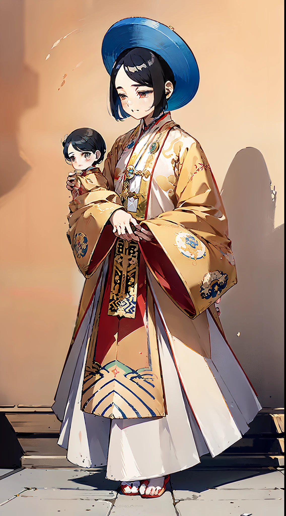 Water colour Painting of The beautiful 16-year-old chinese Queen holds (a little Emperor: 1.5) wearing shavings in her arms, Straight eyes, radiating a brilliant aura, Rosary handle: 1.5),  Crown Team, (Systemic: 2.0), full body: 2.0, glowing cloak, Moon pedal foot