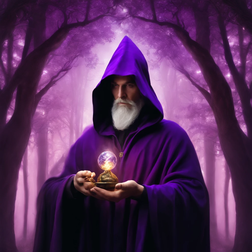 Arafed monk in a purple robe holding a portion, like a Wizard, in dark purple robes, wearing black and purple robes, Portrait of a forest wizard, wearing dark robe, casting a spell on a potion, evil sorcerer, tarot card the hermit, saggy purple robes, an arcane wizard casting a spell, dark cloak, wizard with beard, realistic image, wizard in the purple forest, forest with purple vegetation