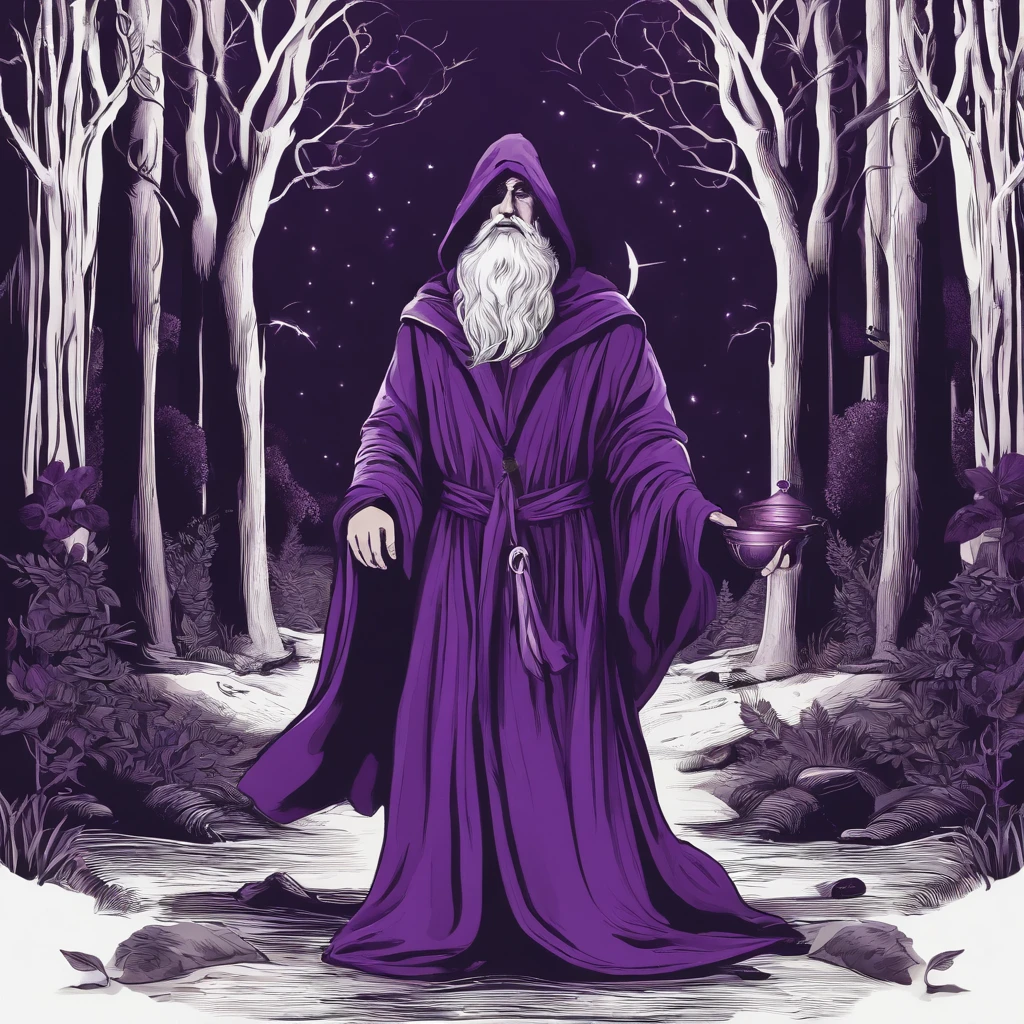 Arafed monk in a purple robe holding a portion, like a Wizard, in dark purple robes, wearing black and purple robes, Portrait of a forest wizard, wearing dark robe, casting a spell on a potion, evil sorcerer, tarot card the hermit, saggy purple robes, an arcane wizard casting a spell, dark cloak, wizard with beard, realistic image, wizard in the purple forest, forest with purple vegetation