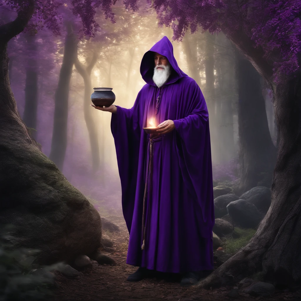 Arafed monk in a purple robe holding a portion, like a Wizard, in dark purple robes, wearing black and purple robes, Portrait of a forest wizard, wearing dark robe, casting a spell on a potion, evil sorcerer, tarot card the hermit, saggy purple robes, an arcane wizard casting a spell, dark cloak, wizard with beard, realistic image, wizard in the purple forest, forest with purple vegetation