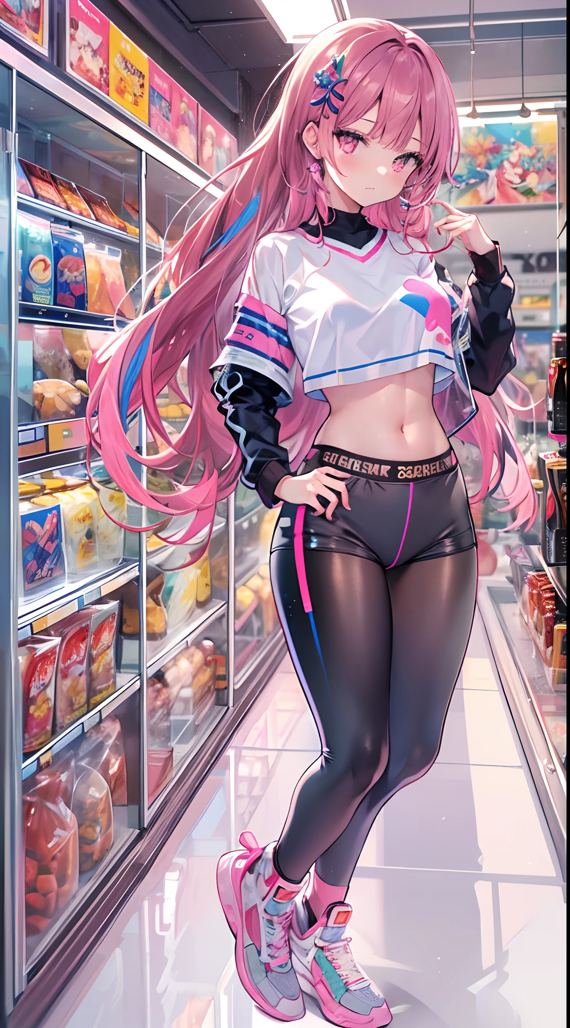 ((Masterpiece)), best quality, absurderes, ultra detailed, holographic, cowboy shot, golden ratio, super cute girl, mature girl, idol girl, super beautiful asian girl with very beautiful violet glowing eyes, beautiful glowing brown multicolored hair, high ponytail, nice and sexy body, slim body, perfect body, an anime printed super tight off shoulder long sleeve crop top, wearing super tight anime print micro shorts, a super aesthetic transparent mini jacket, beautiful hair ornament, pink jordan tennis, being photographed in a mall shop,( undressing, taking off micro shorts, showing neon pink panties, showing thong: 1.5)