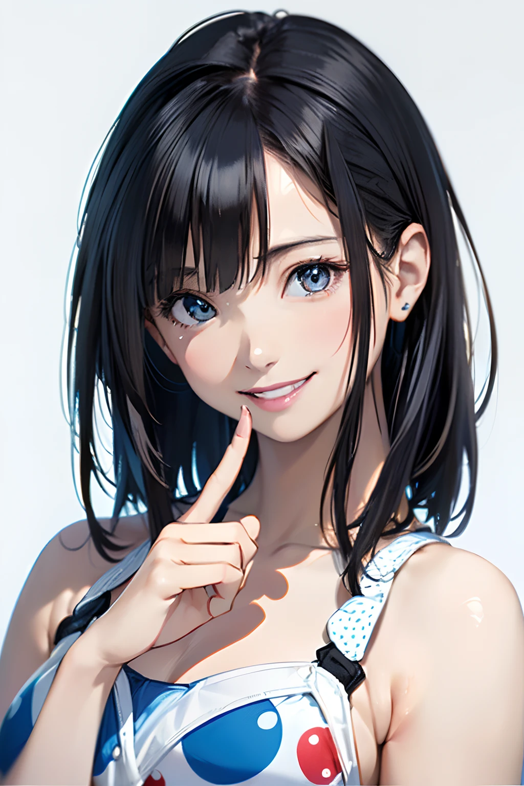 (Best Quality, 8K, Oil Painting, masutepiece:1.2), Ultra-detailed, (Realistic, Photorealistic:1.37), (((bustshot)))、(((Black hair)))、(((white and blue bikini)))、(((upperbody shot)))、(((Dot pattern bikini)))、(((20Women of a certain age)))、(((Small Micro Bikini)))、 (((A dark-haired)))、(((semi long hair)))、((( White background)))、(((Girly Hairstyles)))、(((Big polka dot bikini)))、(((In front of a white wall)))、(((Blue polka dot bikini)))、Triangle Bikini、(((Nothing on the top of the head)))、(((Show your white teeth and smile)))、(((put up index finger)))、(((Sexy look)))、Female face