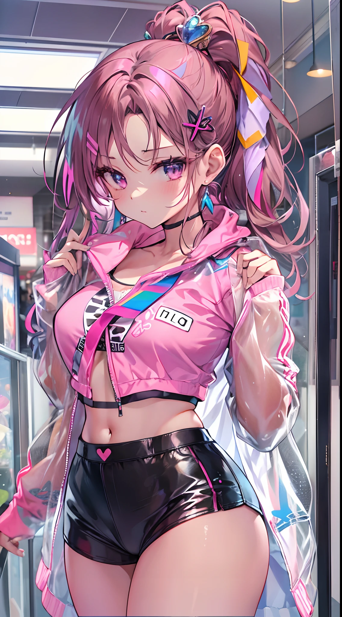 ((Masterpiece)), best quality, absurderes, ultra detailed, holographic, cowboy shot, golden ratio, super cute girl, mature girl, idol girl, super beautiful asian girl with very beautiful violet glowing eyes, beautiful glowing brown multicolored hair, high ponytail, nice and sexy body, slim body, perfect body, an anime printed super tight off shoulder long sleeve crop top, wearing super tight anime print micro shorts, a super aesthetic transparent mini jacket, beautiful hair ornament, pink jordan tennis, being photographed in a mall shop,( undressing, taking off micro shorts, showing neon pink panties, showing thong: 1.5)