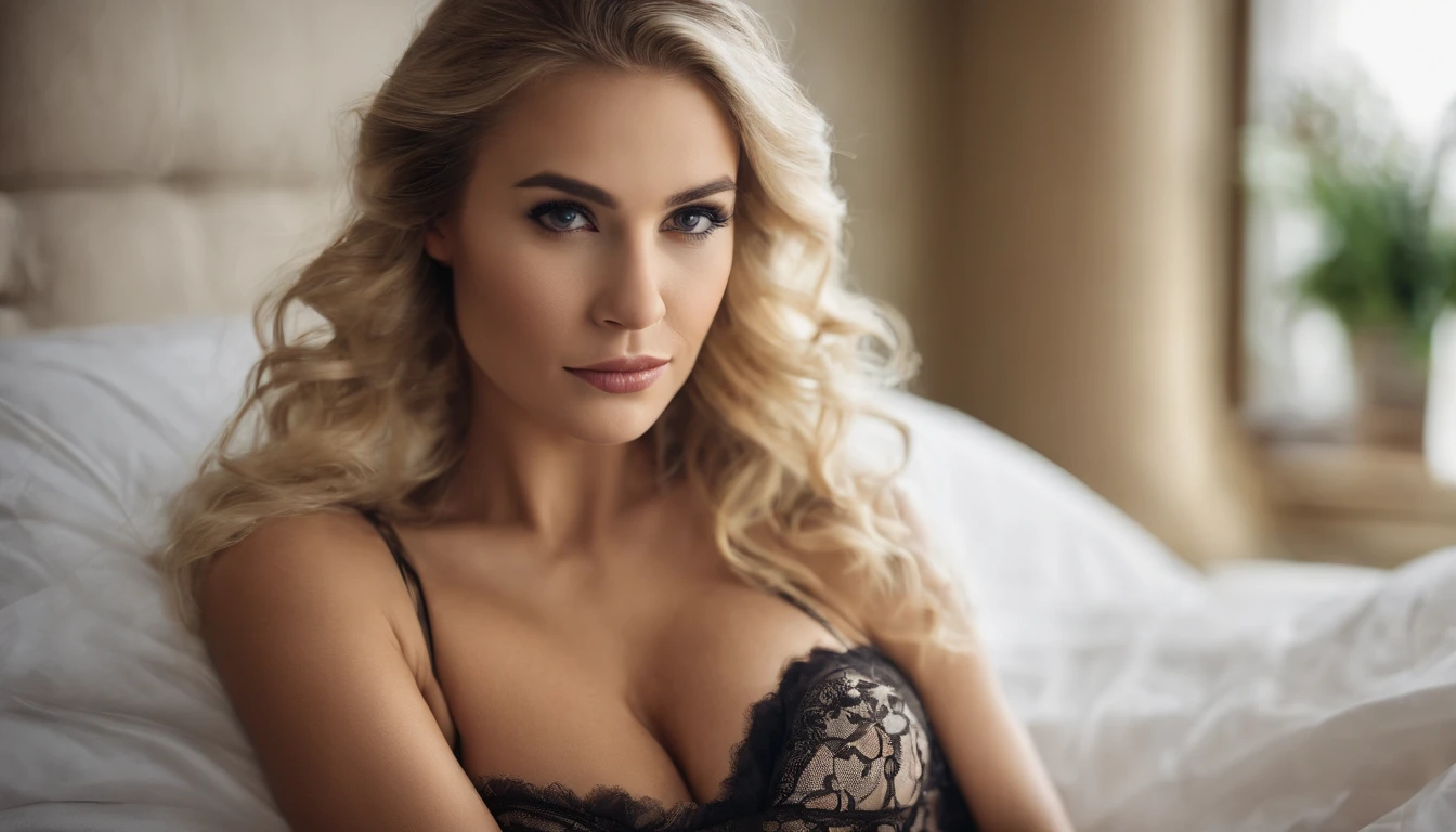 (sexy blonde,beautiful long hair,blonde model),(bed),(sexy lingerie,black lingerie),(stockings,black stockings),(mischievous expression:1.1),(best quality,ultra-detailed,highres,masterpiece:1.2),(vivid colors),(soft lighting),(cinematic)