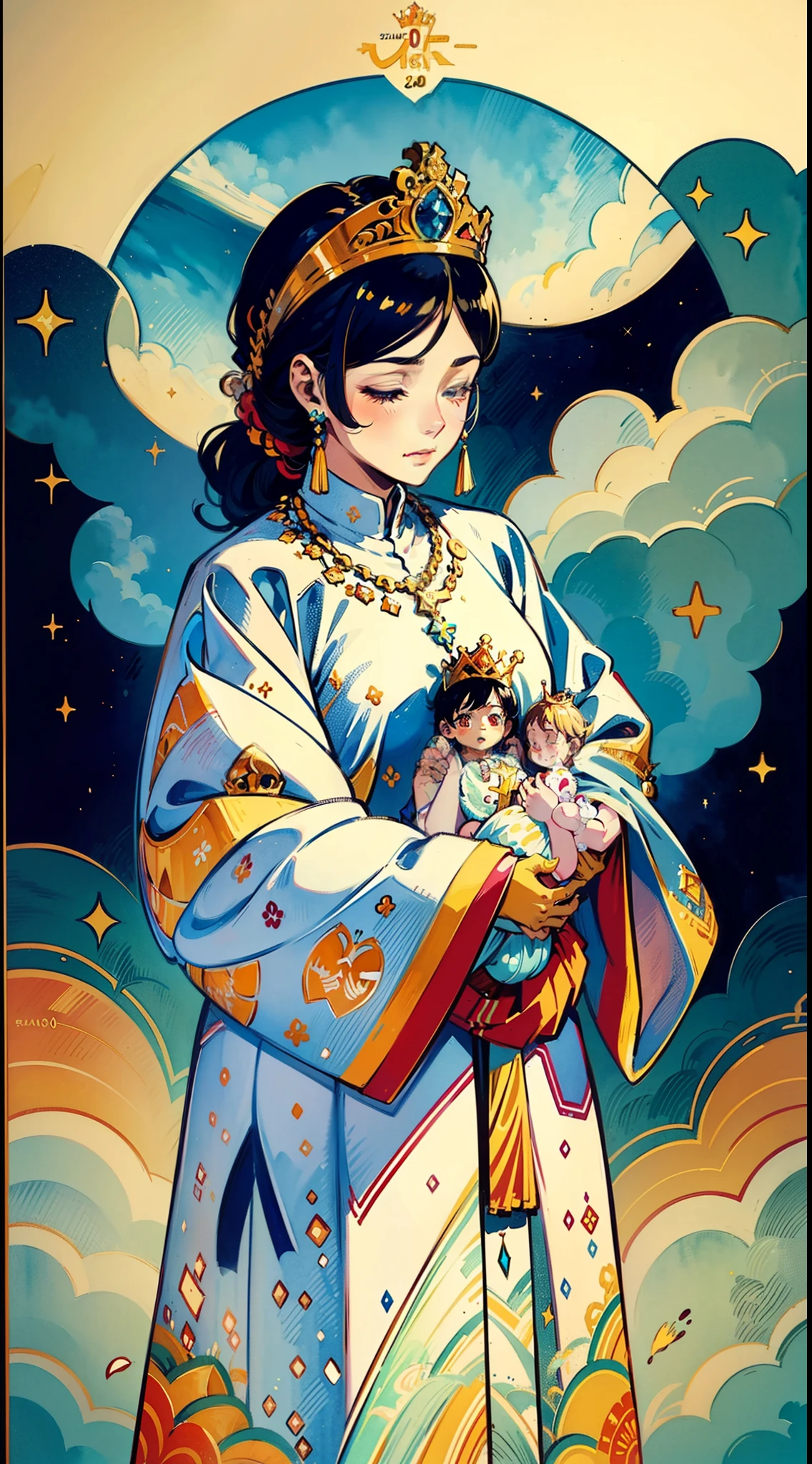 A colourful big naked guanyin girl and a , pop art, nsfw, long legs, breastfeeding, Frontal view