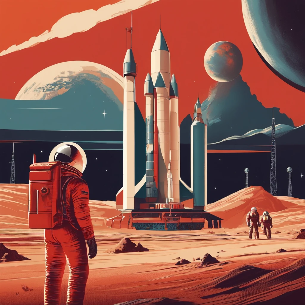 Soviet space mission on Mars, Cosmonauts in the foreground and a rocket base on the aesthetic background of the 90s