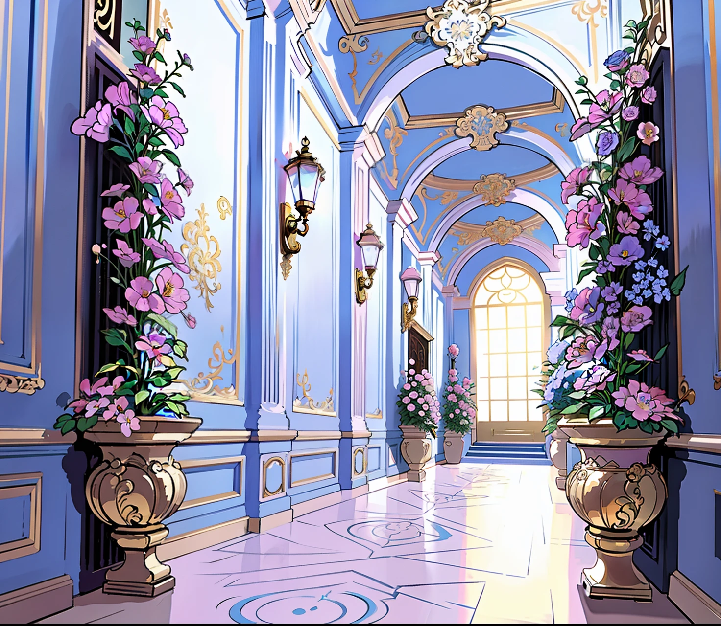 a close up drawing of a hallway with a bunch of flowers on the walls, baroque interior, luminist and baroque style, elegant baroque, rococo style, baroque style painting backdrop, rococo and baroque styles, rococo and art nouveau fusion, rococo baroque, gigantic pillars and flowers, baroque style, neo-rococo expressionist style, rococo decorations, anime background, 2D hallway, anime drawing, anime spaces.