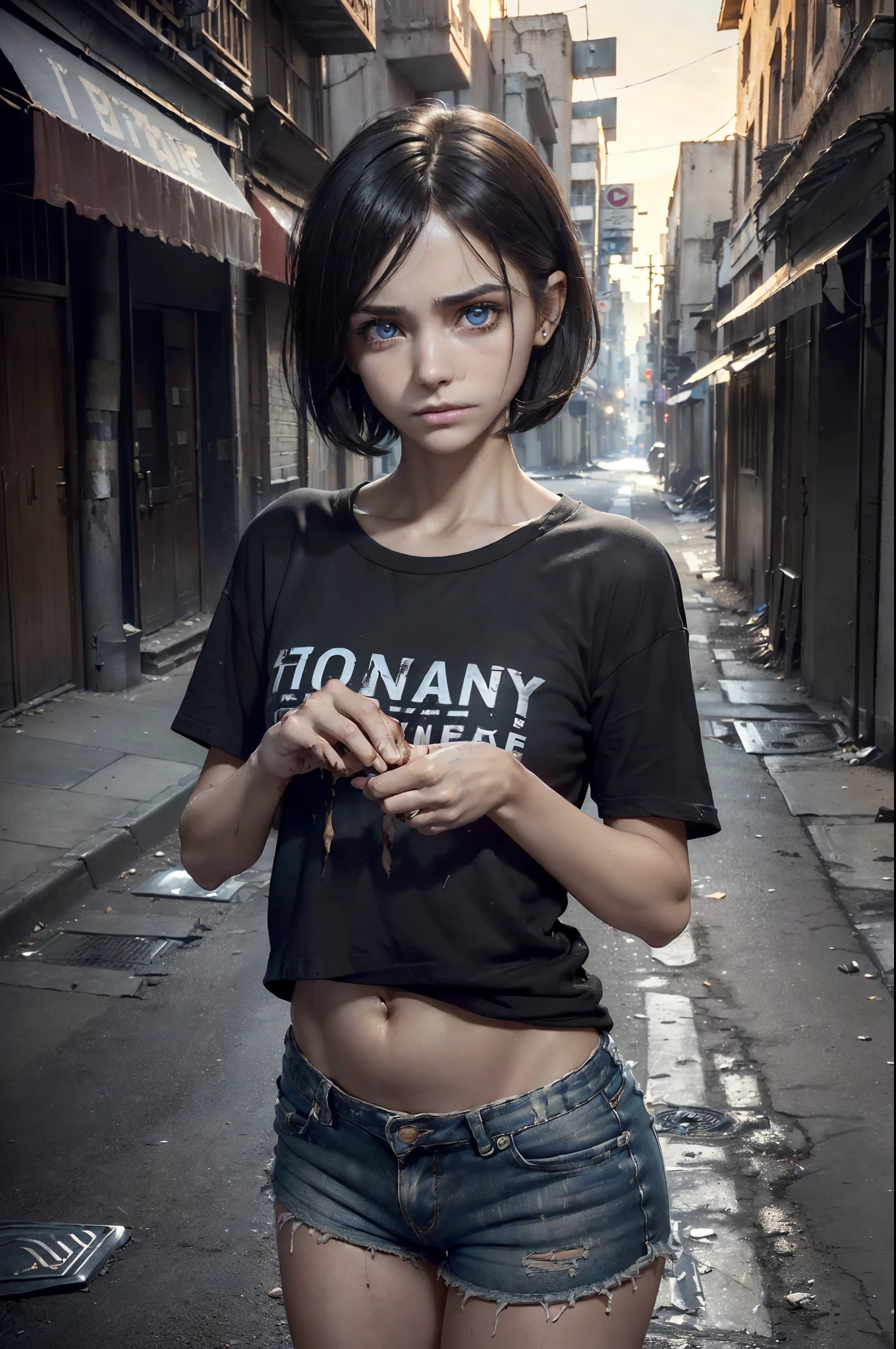 (((front view))), ((Unreal Engine 5)), ((Masterpiece)), ((ultra high definition)), ((ultra high resolution)), ((full sharpness)), ((maximum quality)), ((Cinematic)), ((8k)), ((Homeless Girl)), ((street girl)), ((drug addict face)), ((drug addict)), ((symptoms of fentanyl use)), ((drugs)), ((ultra slim)), ((skeletal)), ((very hungry)), ((sad face)), ((alone)), ((full body)), ((ultra detailed face)), ((ultra detailed eyes)), ((ultra realist eyes)), ((ultra detailed irises)), ((totally normal irises)), (((identical irises))), ((ultra delicate hands)), ((ultra detailed hands)), ((small hands)), ((ultra detailed fingers)), ((natural lighting)), ((ultra small breasts)), ((dirty skin)), ((totally ultra realistic)), ((repeat the same face)), ((always the same face)), ((repeat always the same face)), ((always the same body)), ((always the same proportions)), ((always the same clothes)), ((always the same characteristics)), ((very flat belly)), ((looking at the camera)), ((wearing a very dirty micro shorts and micro t-shirt)), ((straight hair)), ((ultra short hair)), ((on a deserted, dirty and dark street)), ((very dirty clothes)), ((totally filthy))