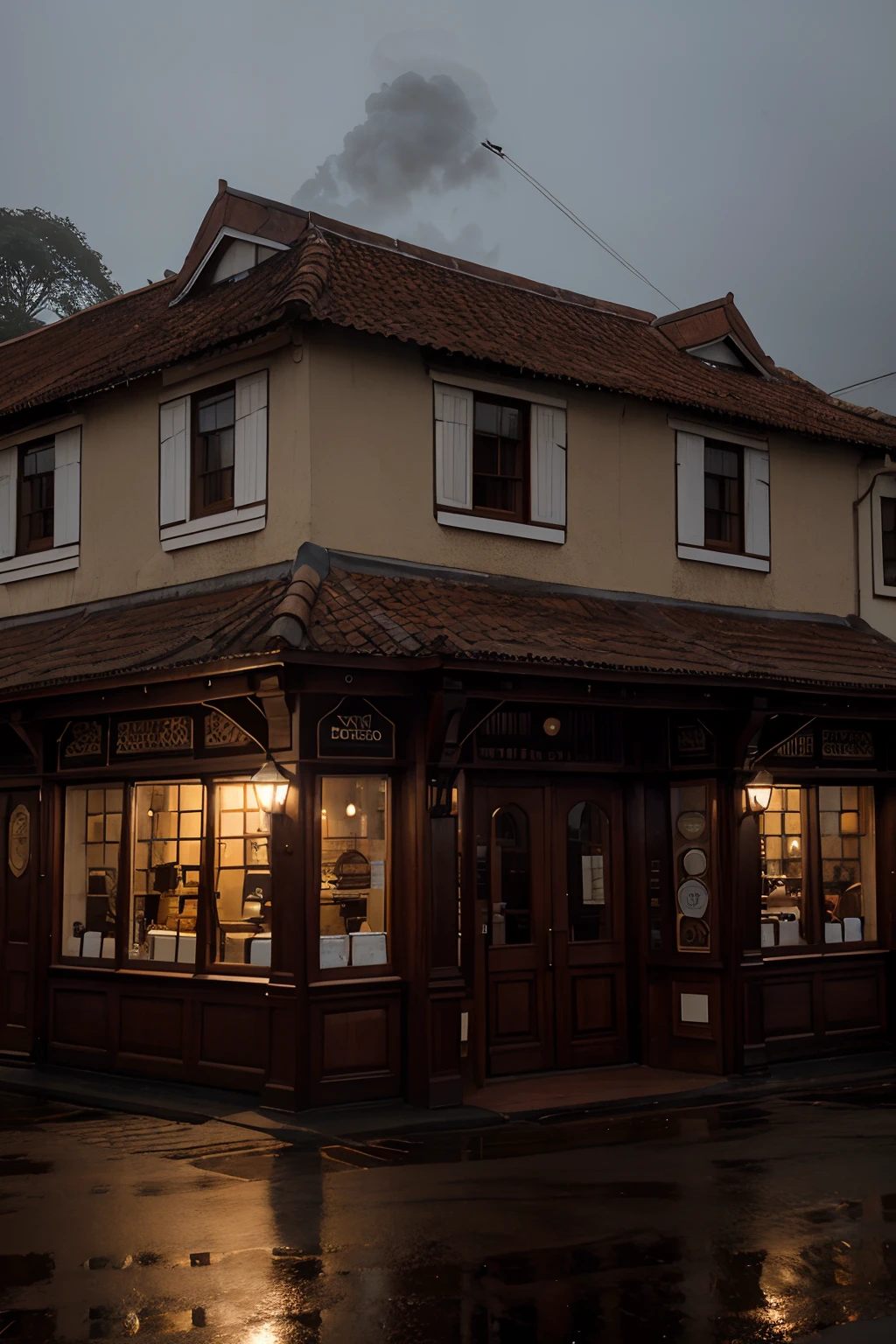 external facade Colonial style pub, ambient light, large windows, at dawn, fog, frontal view
