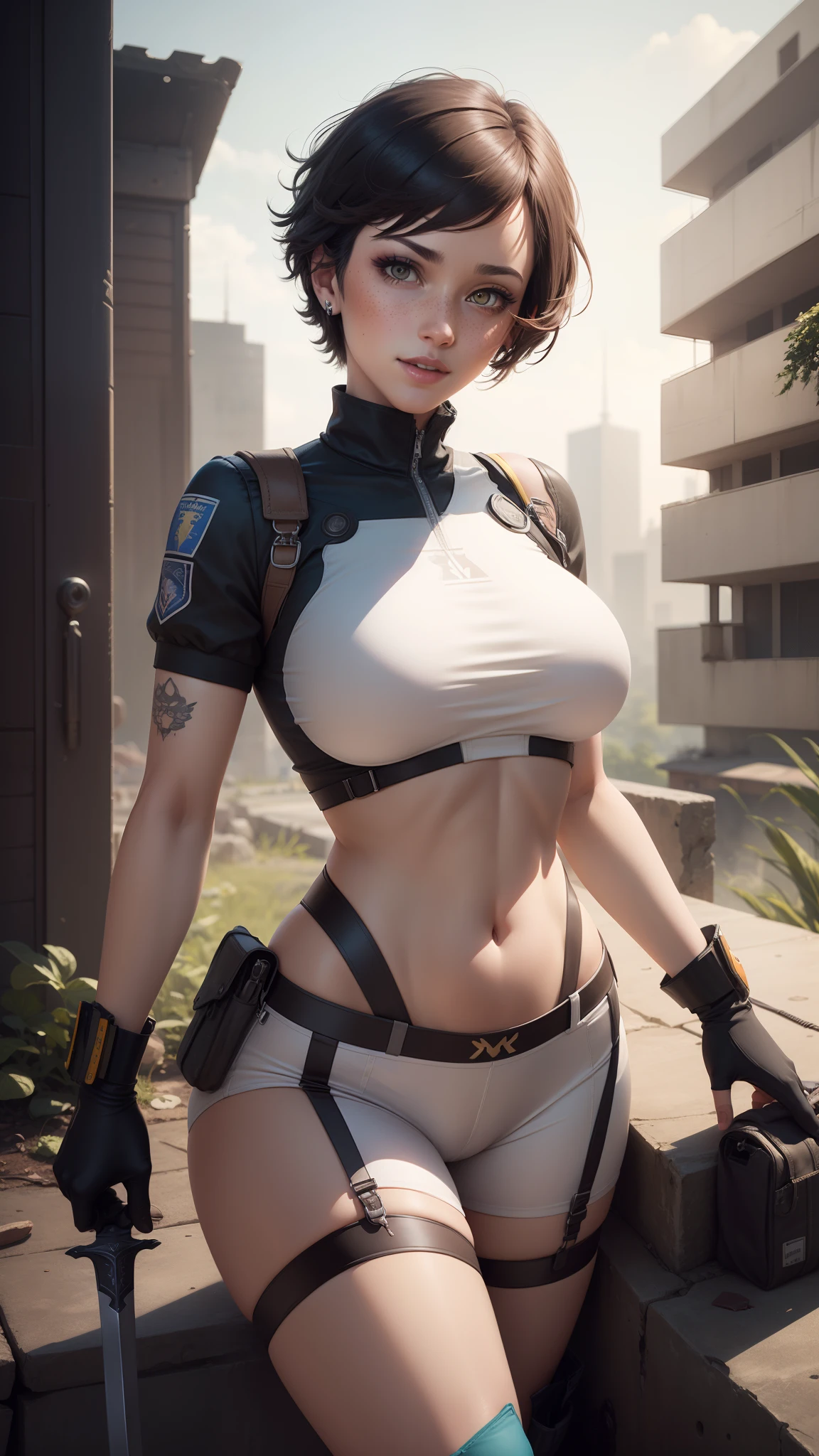 eula lawrence,tracer,y'shtola rhul, rebecca chambers,atelier ryza,nier automata,close up,mecha pilot,city ruins,tattoos,white and blue plugsuit, white short sleeve lycra top,steel cargo shorts,uncovered belly,short hair,cute makeup,yellow eyes,dimensional blue hair,sexy smile,freckles,beautiful girl,large breasts,garter belt,4k hd,ultra detailed,realistic,fantasy art,military uniform,aviator uniform,steel armor,ear piercings,hair pin,holding a long sword,