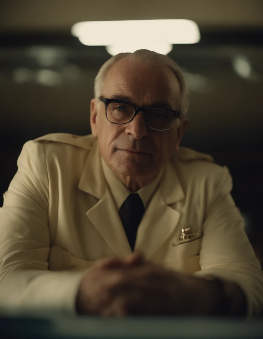 cinematic portrayal, parte superior do corpo, rosto, facing the audience, (realidade :1.3), Um homem careca de 45 anos, forte, With eye Glasses, looks into the camera, Medical Suits, (roupas brancas:1.4), rosto bonito detalhado, Fundo sala de comando de indicadores, fotos realistas, CG
