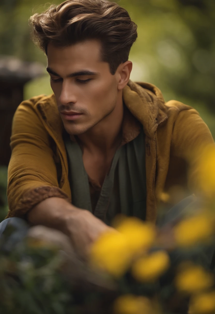 Un chico, cabello amarillo o rubio como el oro ,Campesino cabello largo amarillo hombre joven guapo