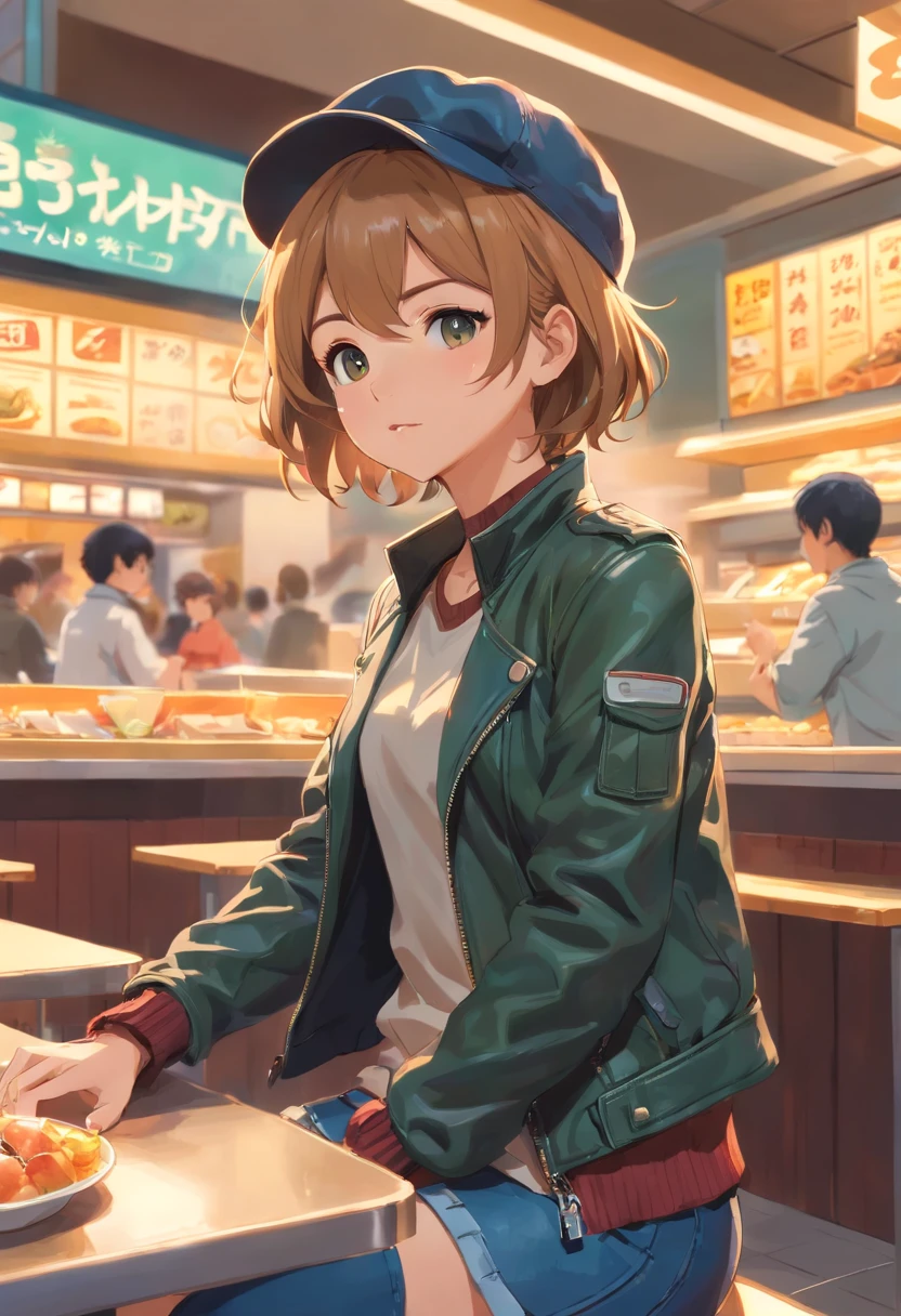 menina loira de busto avajajado,24 years old wearing a leather jacket sitting in food court at mall with short hair wearing a hat and a boot