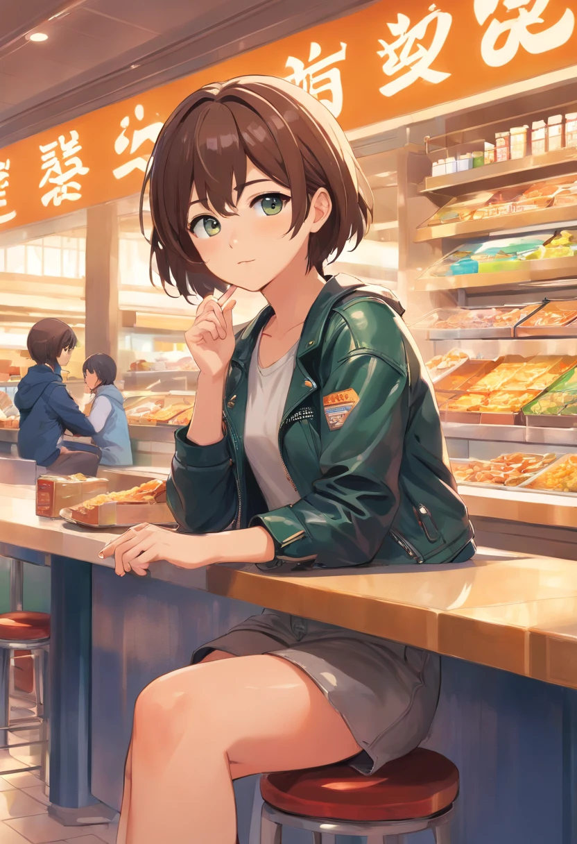 menina loira de busto avajajado,24 years old wearing a leather jacket sitting in food court at mall with short hair wearing a hat and a boot
