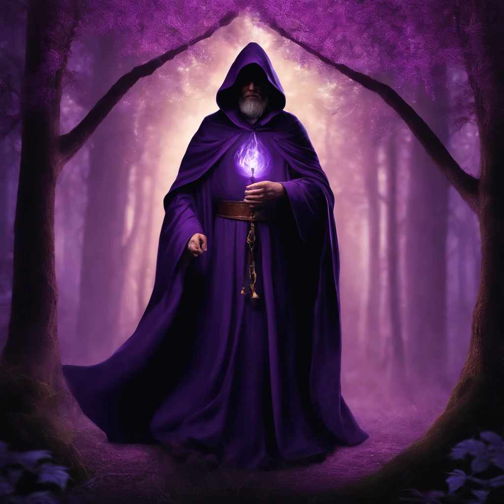Arafed monk in a purple robe holding a portion, like a Wizard, in dark purple robes, wearing black and purple robes, Portrait of a forest wizard, wearing dark robe, casting a spell on a potion, evil sorcerer, tarot card the hermit, saggy purple robes, an arcane wizard casting a spell, dark cloak, wizard with beard, realistic image, wizard in the purple forest, forest with purple vegetation