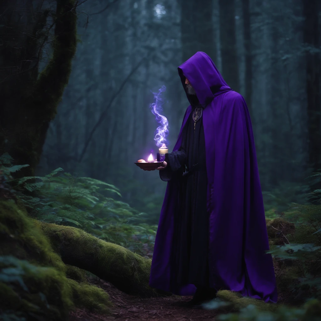 Arafed monk in a purple robe holding a portion, like a Wizard, in dark purple robes, wearing black and purple robes, Portrait of a forest wizard, wearing dark robe, casting a spell on a potion, evil sorcerer, tarot card the hermit, saggy purple robes, an arcane wizard casting a spell, dark cloak, wizard with beard, realistic image, wizard in the purple forest, forest with purple vegetation