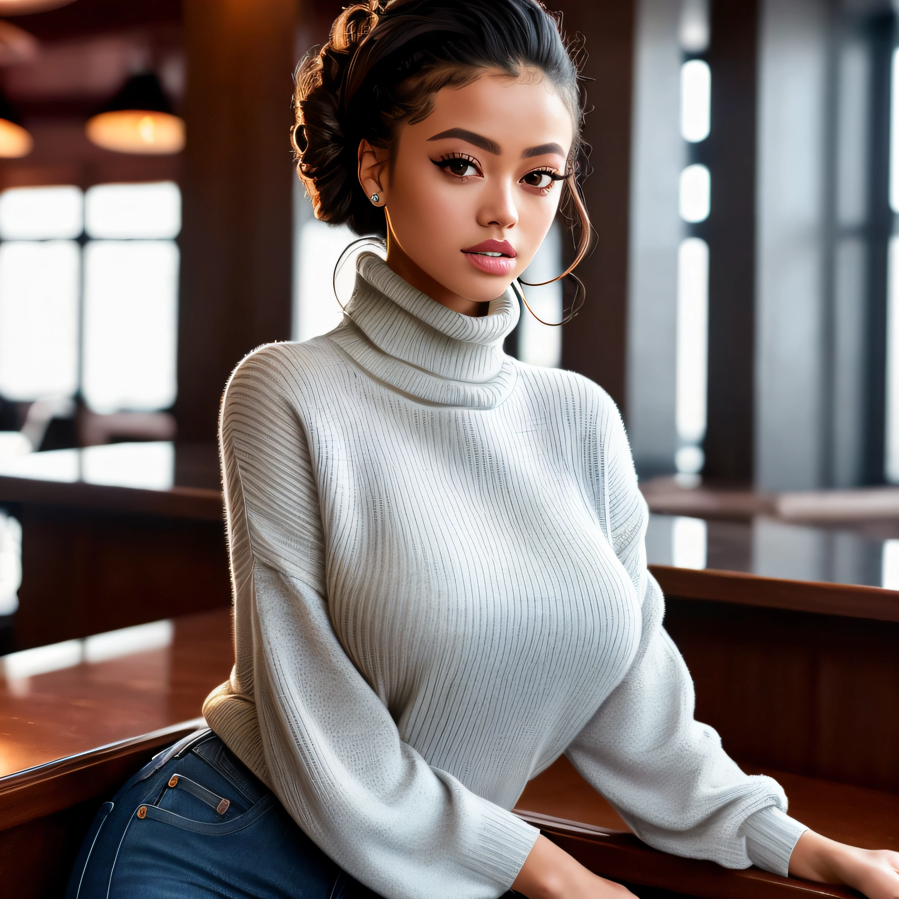 portrait photo of Stormi Maya, ((turtleneck sweater, jeans))  beautiful woman hair updo upsweep nightclub sitting at bar (masterpiece) (best quality) (detailed) (8k) (HDR) (wallpaper) (cinematic lighting) (sharp focus) (intricate)