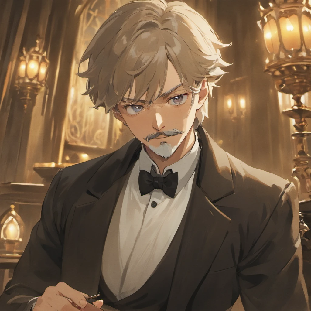 (a wealthy 65-year-old man, with salt-and-pepper hair, a prominent beard and mustache, a knowledgeable scholar). - (best quality,4k,8k,highres,masterpiece:1.2), ultra-detailed, (realistic,photorealistic,photo-realistic:1.37) - portraits, character study, mature gentleman, professor-like, sophisticated - rich, luxurious surroundings, opulent mansion, antique furniture, grand library - reading a book, holding a magnifying glass, wearing a classic suit, with cufflinks - wise and intelligent expression, deep concentration, furrowed brows - warm color palette, with earth tones, gold accents, and gentle lighting