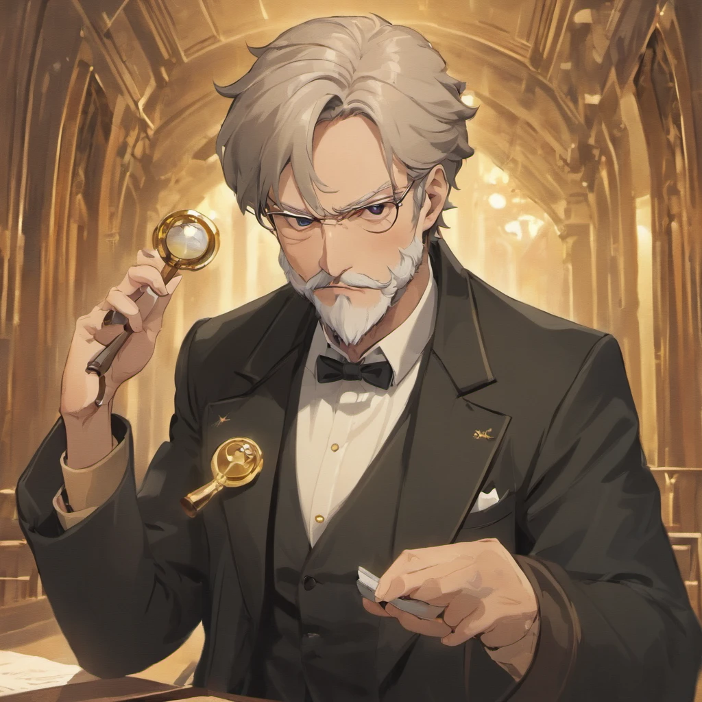 (a wealthy 65-year-old man, with salt-and-pepper hair, a prominent beard and mustache, a knowledgeable scholar). - (best quality,4k,8k,highres,masterpiece:1.2), ultra-detailed, (realistic,photorealistic,photo-realistic:1.37) - portraits, character study, mature gentleman, professor-like, sophisticated - rich, luxurious surroundings, opulent mansion, antique furniture, grand library - reading a book, holding a magnifying glass, wearing a classic suit, with cufflinks - wise and intelligent expression, deep concentration, furrowed brows - warm color palette, with earth tones, gold accents, and gentle lighting
