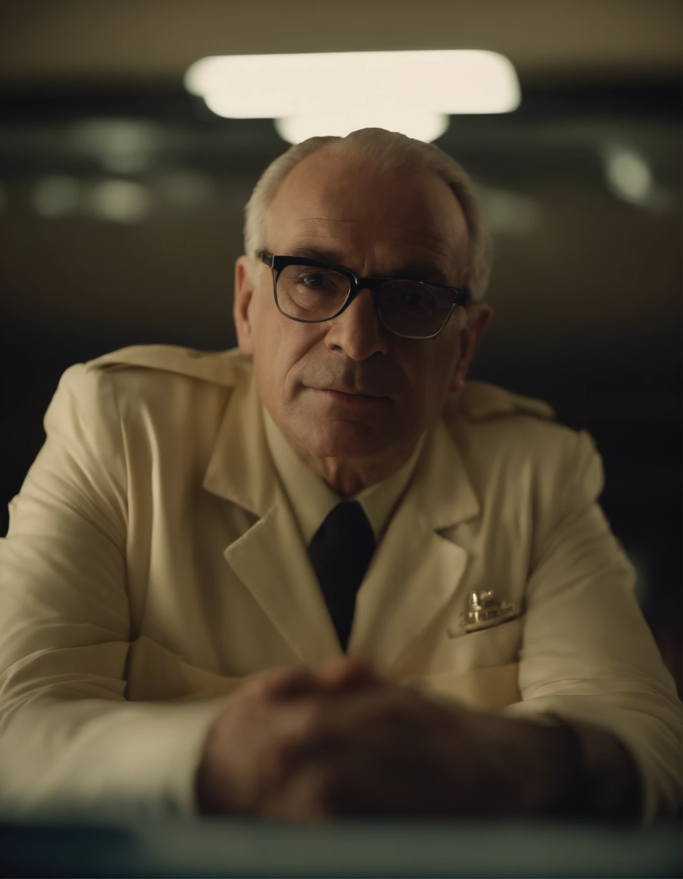 cinematic portrayal, parte superior do corpo, rosto, facing the audience, (realidade :1.3), Um homem careca de 45 anos, forte, With eye Glasses, looks into the camera, Medical Suits, (roupas brancas:1.4), rosto bonito detalhado, Fundo sala de comando de indicadores, fotos realistas, CG