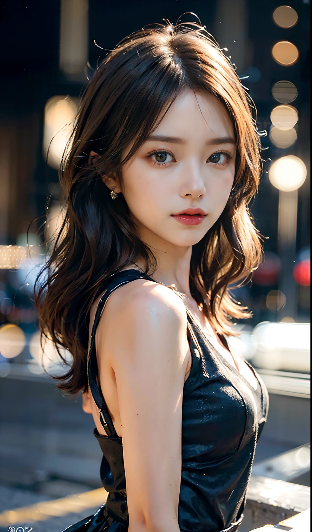 (((photorealistic))), half body portrait of a woman, (dark brown hair with blonde highlight: 0.4), (city at night background: 0.5), detailed face, wide eyes, diffused lighting, (backlight: 0.3), sharp focus, center framed, symmetrical, (((Helios 44-2 58mm F2)))