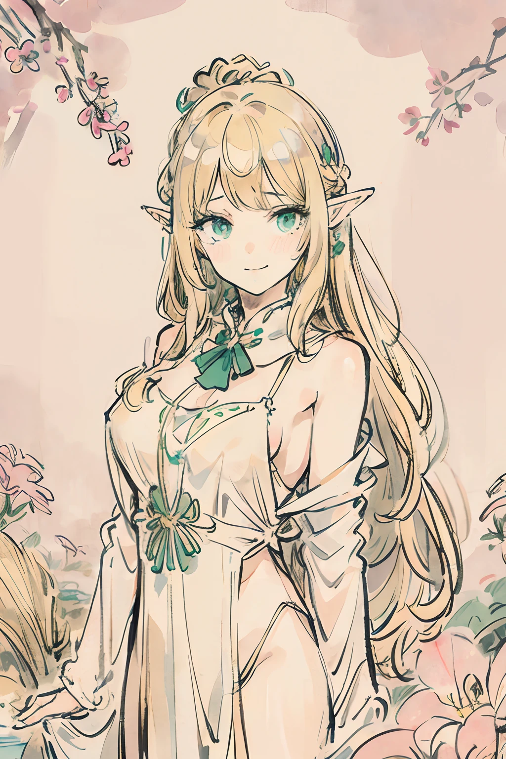 SFW,masutepiece, Best Quality, High resolution, 1girl in, upper body, Details Girl, detail hands, Detail fingers, Detail Face, detail legs, 1girl in, elf, watercolor paiting, pale skin, Petite, Blonde hair, Long hair, Wavy Hair, Green eyes, tareme, medium breasts, white sundress, Bare back,flower wall panel background,looking at viewer,[[tears]],smile