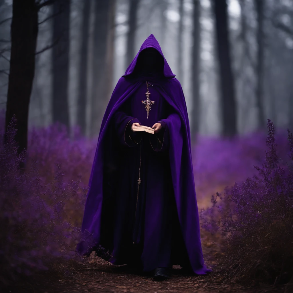 Arafed monk in a purple robe holding a portion, like a Wizard, in dark purple robes, wearing black and purple robes, Portrait of a forest wizard, wearing dark robe, casting a spell on a potion, evil sorcerer, tarot card the hermit, saggy purple robes, an arcane wizard casting a spell, dark cloak, wizard with beard, realistic image, wizard in the purple forest, forest with purple vegetation