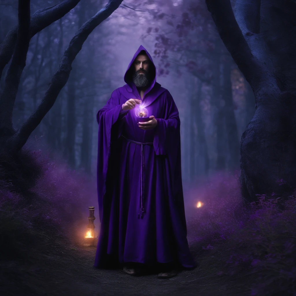 Arafed monk in a purple robe holding a portion, like a Wizard, in dark purple robes, wearing black and purple robes, Portrait of a forest wizard, wearing dark robe, casting a spell on a potion, evil sorcerer, tarot card the hermit, saggy purple robes, an arcane wizard casting a spell, dark cloak, wizard with beard, realistic image, wizard in the purple forest, forest with purple vegetation