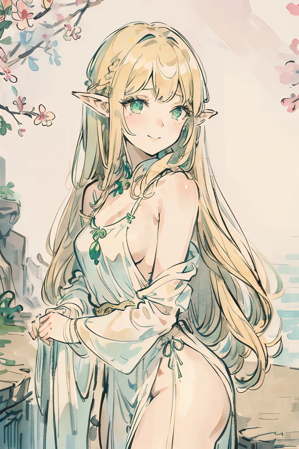 SFW,masutepiece, Best Quality, High resolution, 1girl in, upper body, Details Girl, detail hands, Detail fingers, Detail Face, detail legs, 1girl in, elf, watercolor paiting, pale skin, Petite, Blonde hair, Long hair, Wavy Hair, Green eyes, tareme, medium breasts, white sundress, Bare back,flower wall panel background,looking at viewer,[[tears]],smile