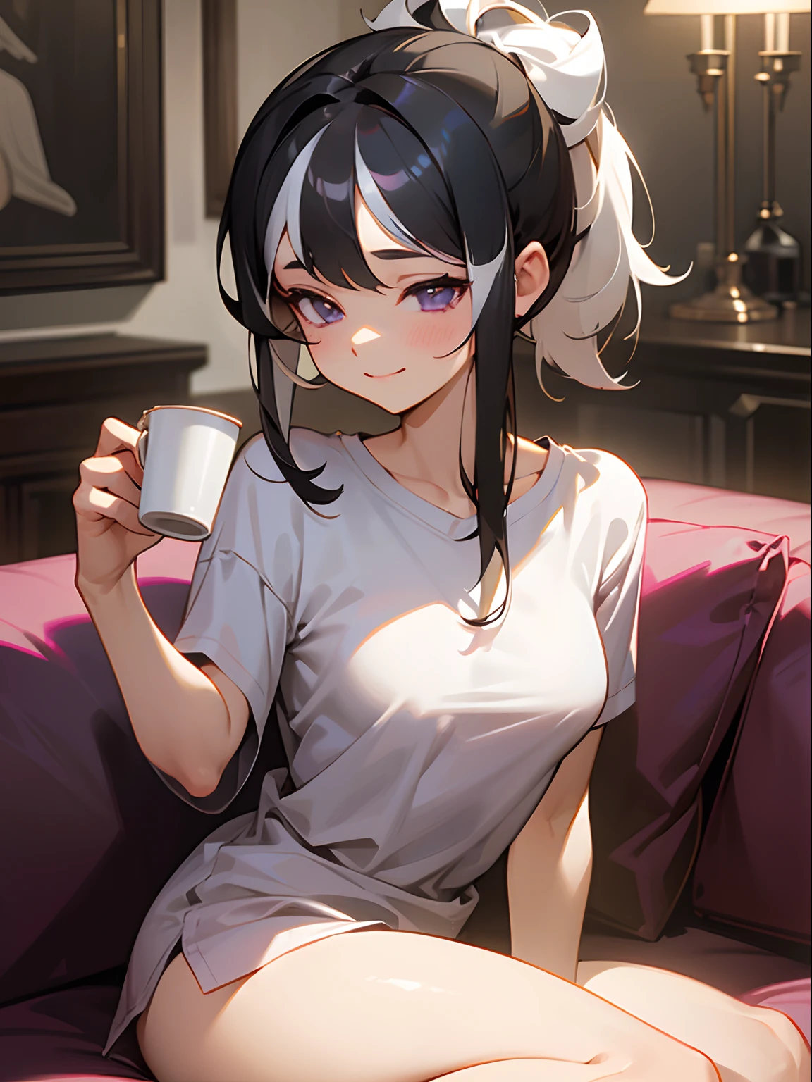 Masterpiece, girl, solo, hair tied up, (black hair with white highlights:1.5), dark purple eyes, tiny boobs, small boobs, pointy breasts, [pink panties], shirt, oversized shirt, baggy shirt, shirt shaping breasts, shirt covering panties, [nipple], modern house, (living room), couch, sitting on the couch, front, holding cup of coffee, smelling cup of coffee, eyes closed, smiling, relaxing, calm and comfortable girl at home, lewd image, vulgar image,