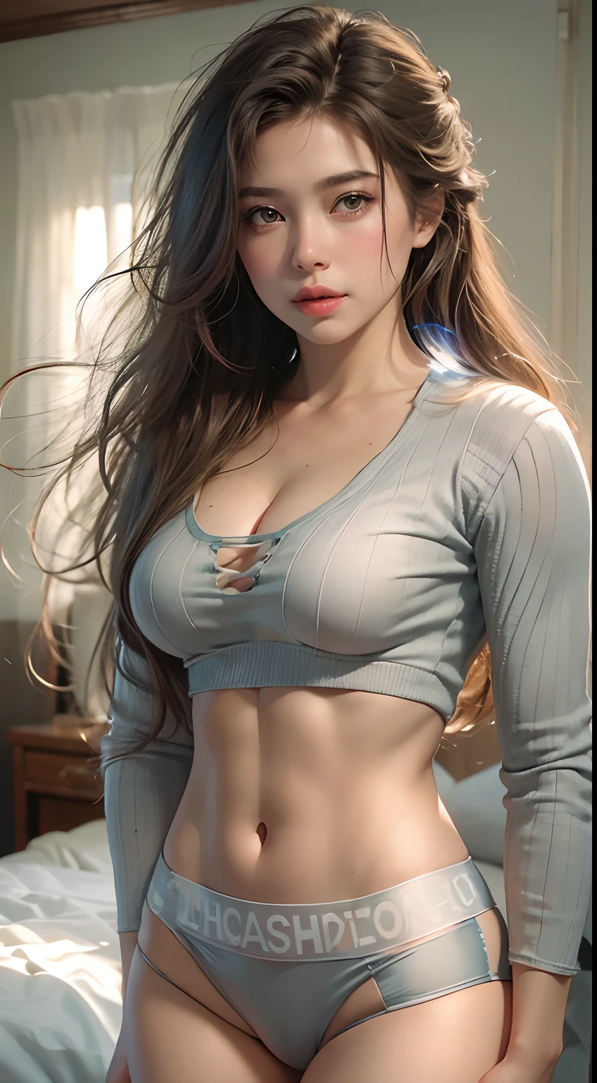 photorealistic portrait, high-res, Soft light,1woman, bara, Hip up, look at viewer, (Girl heroine details.........), long-haired,((((Waiting for my husband in the bedroom.))))..,Sea 1:1.1 full abdominal muscle:1