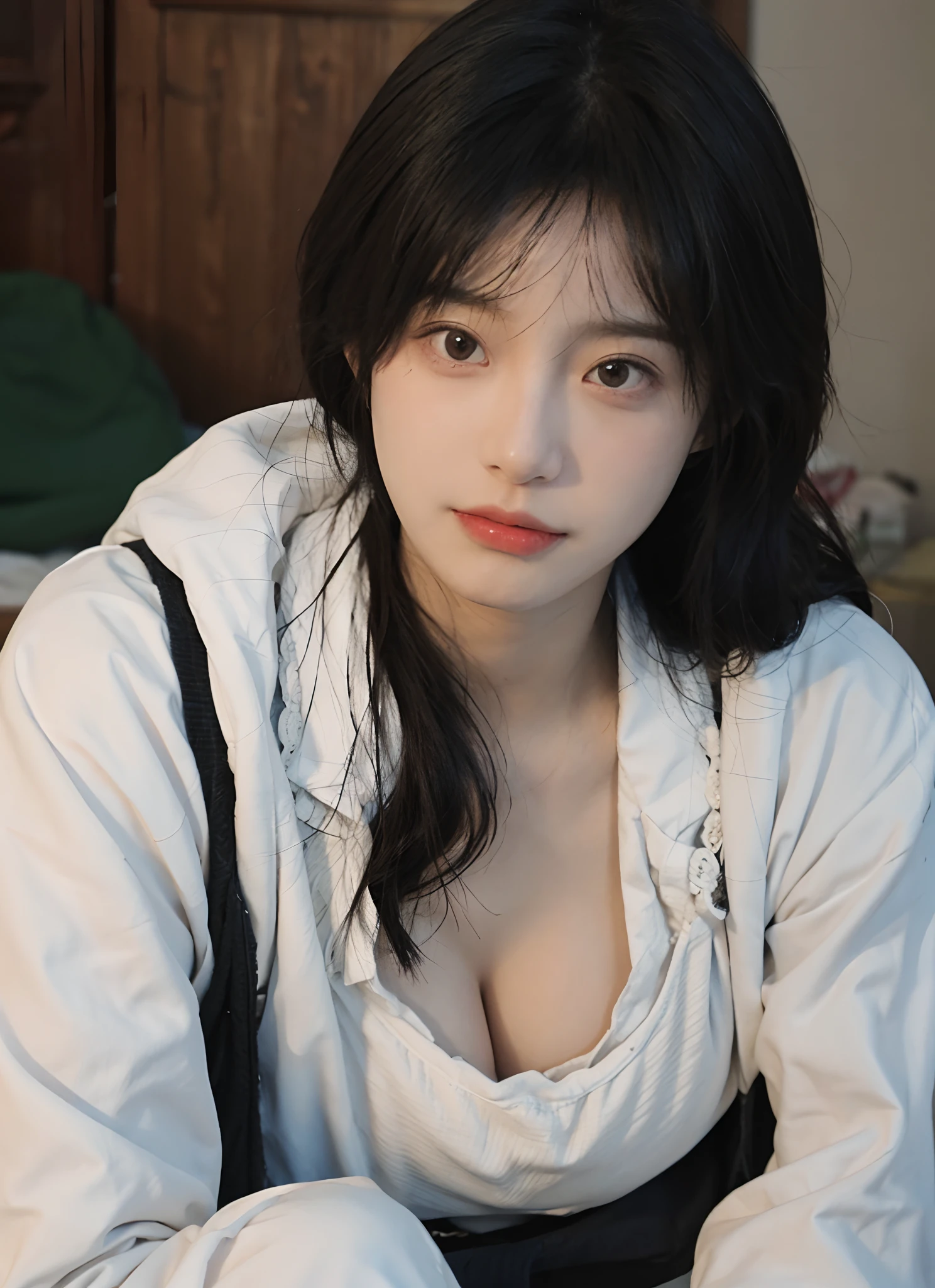 best qualtiy, 超高分辨率, (realisticlying:1.4), one-girl, A pair of clear and moving eyes,Royal Sister,Snow-white school uniform, (big cleavage breasts:1.2), looking at viewert, closeup cleavage ,
