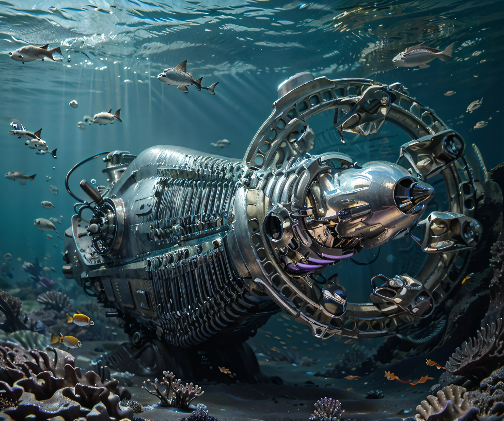 Biomechanical style submarine cyborg, metallic gray color with purple details, Realistic metallic texture, this under the sea underwater effect realistic water, Ultra detailed, Hyper realistic, 4k, Ultra detailed image, realistic, Highly detailed, perfect composition, beautiful intricately detailed incredibly detailed , 8K fine art photography, hyper detailed, Masterpiece