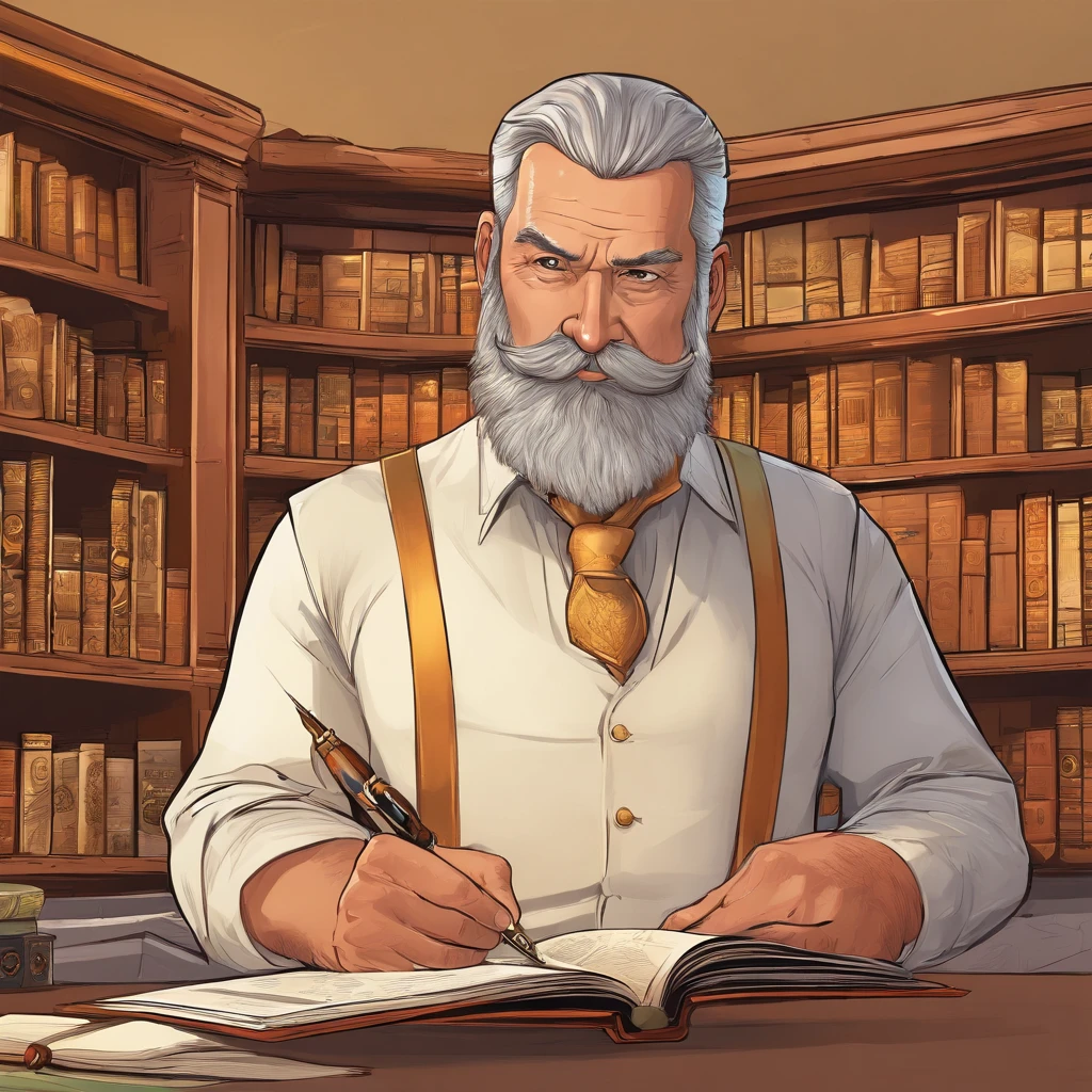 (a wealthy 65-year-old man, with salt-and-pepper hair, a prominent beard and mustache, a knowledgeable scholar). - (best quality,4k,8k,highres,masterpiece:1.2), ultra-detailed, (realistic,photorealistic,photo-realistic:1.37) - portraits, character study, mature gentleman, professor-like, sophisticated - rich, luxurious surroundings, opulent mansion, antique furniture, grand library - reading a book, holding a magnifying glass, wearing a classic suit, with cufflinks - wise and intelligent expression, deep concentration, furrowed brows - warm color palette, with earth tones, gold accents, and gentle lighting