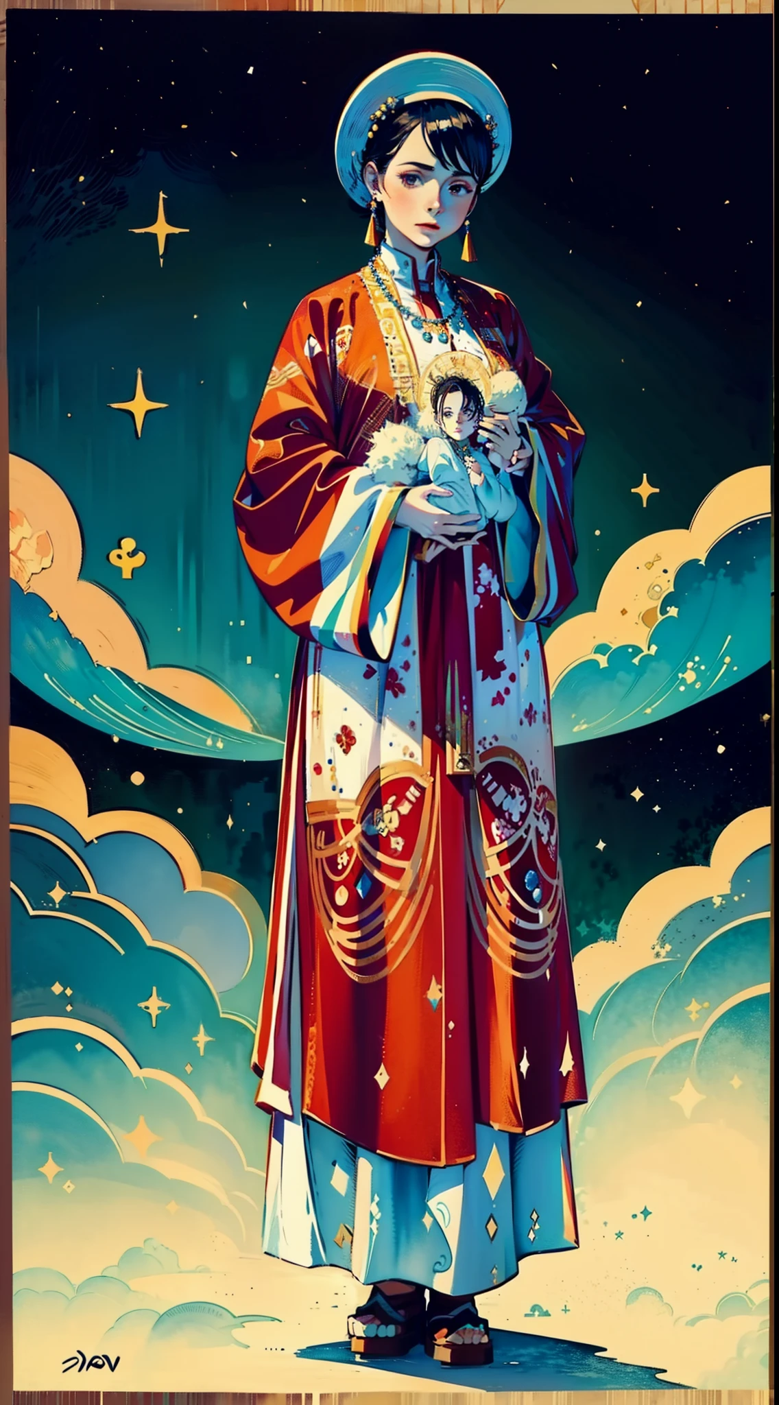 Water colour painting style, The beautiful 16-year-old queen holds a (baby prince:1.5) wearing shavings in her arms, Walking, Straight eyes, radiating a brilliant aura, Rosary handle, Crown Team, (Systemic: 2.0), Stand in the cloud, our lady, (full body: 2.0)