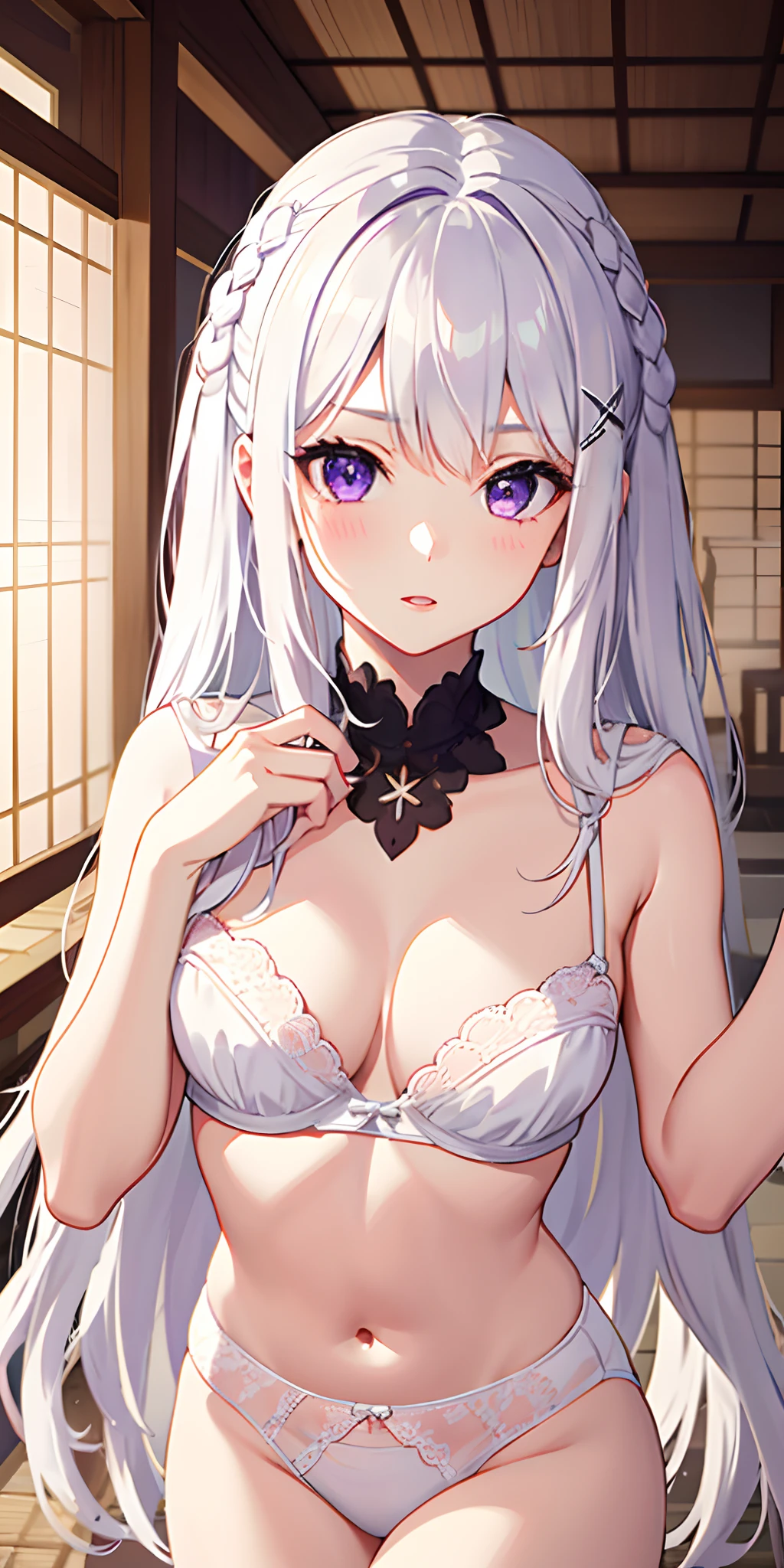 1girl, white hair, purple eyes, portrait, white panties, white bra, lingerie, sidelighting, wallpaper, nsfw, medium breasts, x hair ornament, long hair, white rose in hair, braid in hair, onsen background, beautiful background, best quality, masterpiece