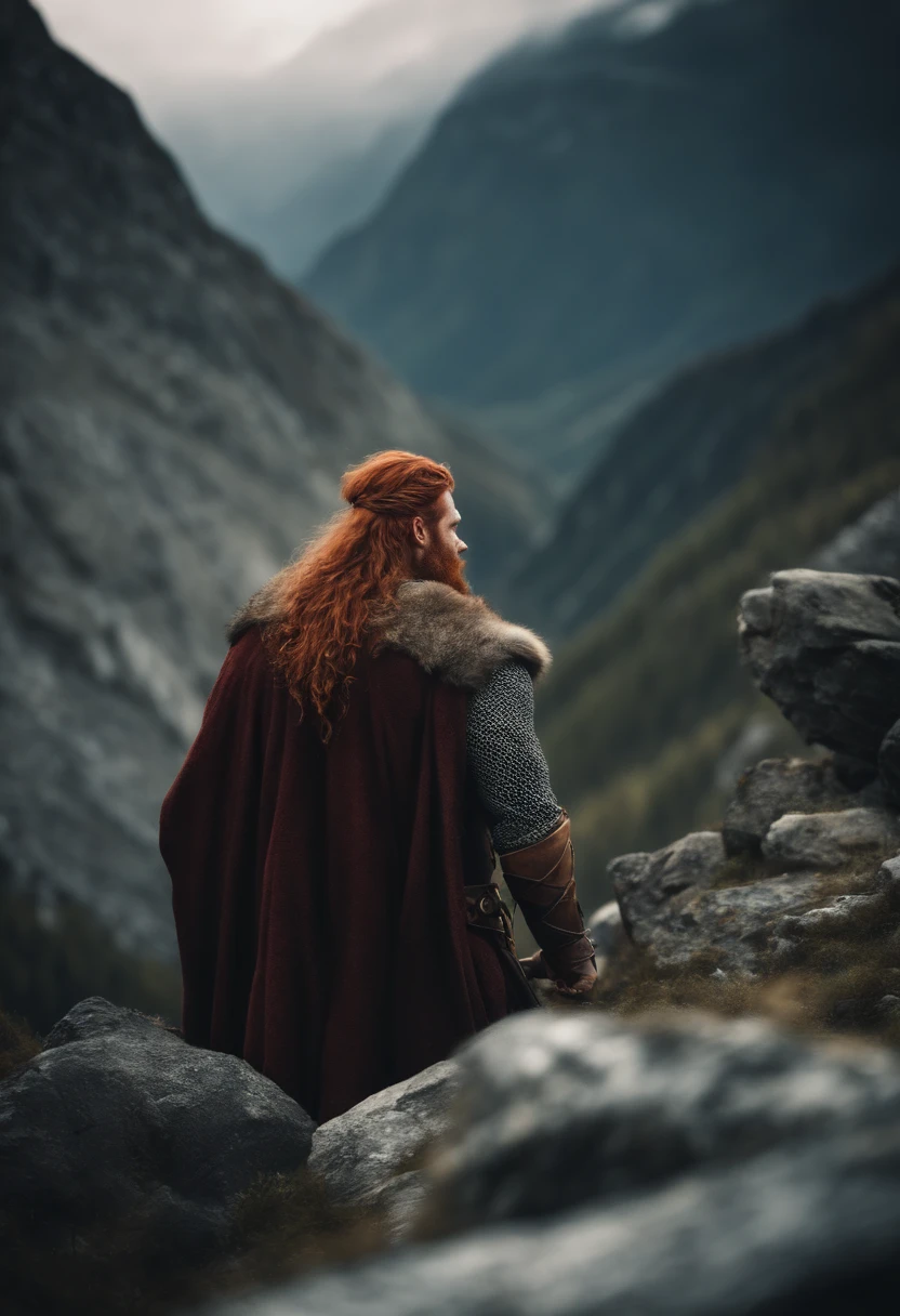 Viking with red hair climbing a mountain with difficulty