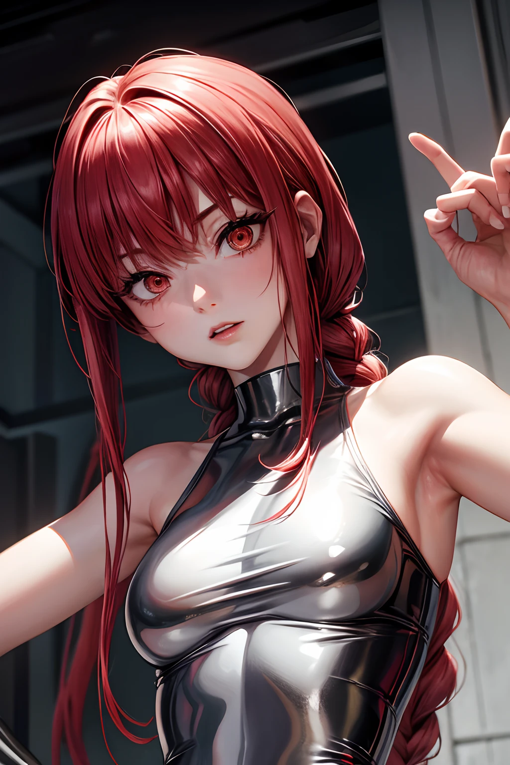 masterpiece,Best Quality,Highly detailed,1girl,Metallic White Silver tanktop,latex, Red Hair, long hair,Red Eyes,
