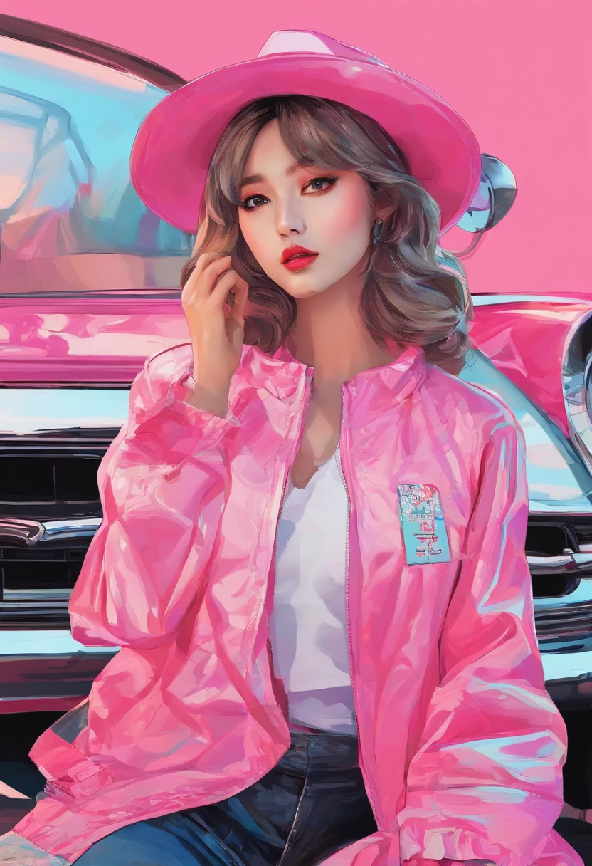 Arafe wearing a pink jacket and sitting on the ground next to the car, a photorealistic painting inspired by Sim Sa-jeong, trending on cg society, Photorealism, realistic anime 3 d style, photorealistic anime girl render, Korean Girl, Gorgeous young Korean woman, real life anime girl, beautiful Korean women, photorealistic art style, photorealistic anime