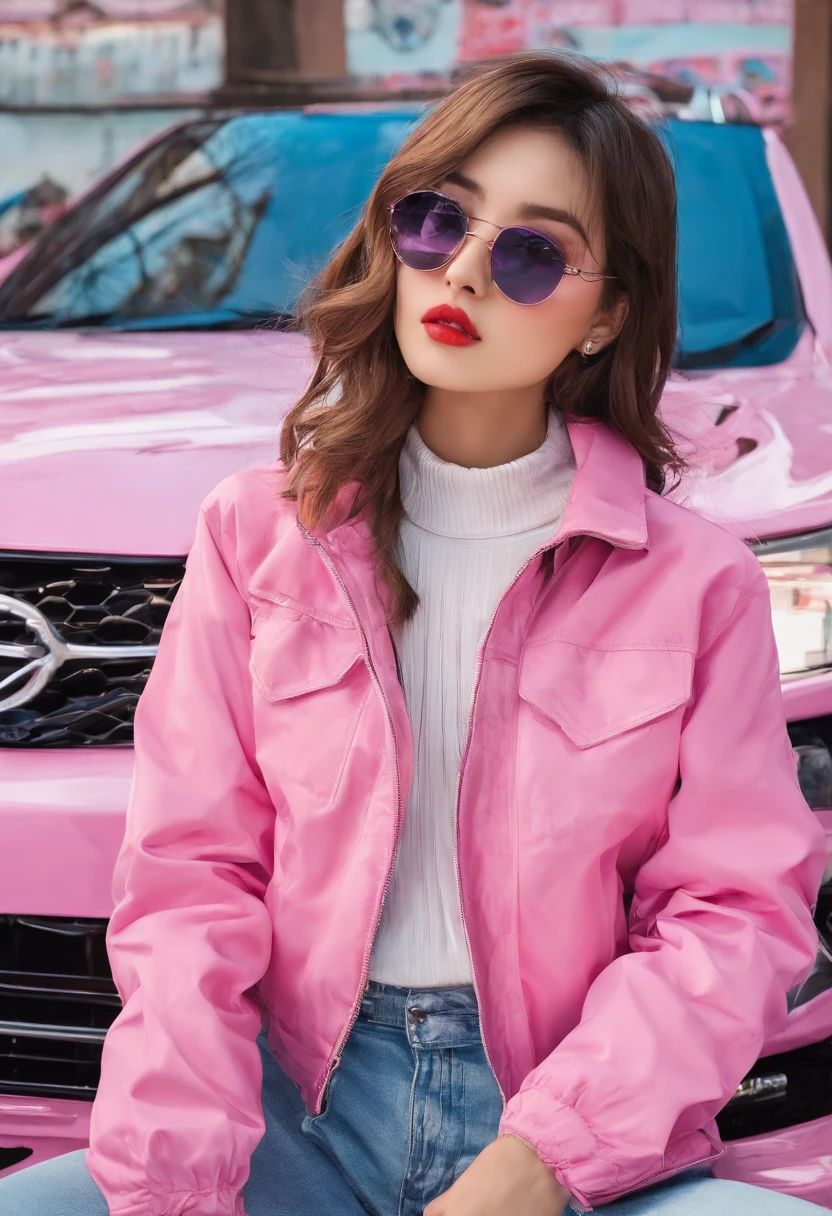 Arafe wearing a pink jacket and sitting on the ground next to the car, a photorealistic painting inspired by Sim Sa-jeong, trending on cg society, Photorealism, realistic anime 3 d style, photorealistic anime girl render, Korean Girl, Gorgeous young Korean woman, real life anime girl, beautiful Korean women, photorealistic art style, photorealistic anime