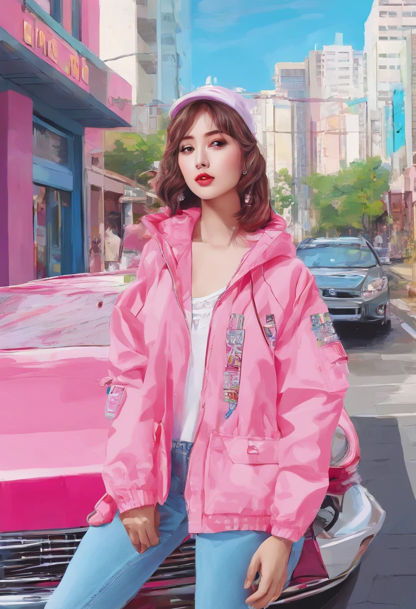 Arafe wearing a pink jacket and sitting on the ground next to the car, a photorealistic painting inspired by Sim Sa-jeong, trending on cg society, Photorealism, realistic anime 3 d style, photorealistic anime girl render, Korean Girl, Gorgeous young Korean woman, real life anime girl, beautiful Korean women, photorealistic art style, photorealistic anime