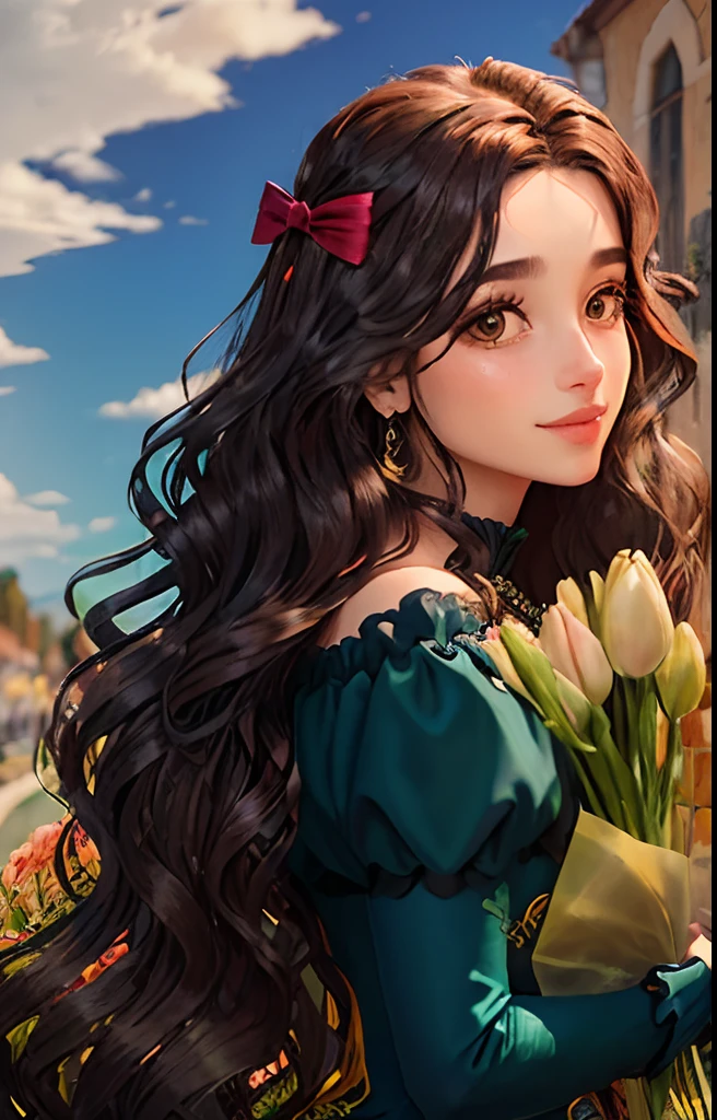 Casal ((Man with long wavy hair to shoulder, vestindo um terno preto, olho direito verde e olho esquerdo castanho, pelo branca.)) Mulher de cabelos encaracolados pretos e curto, seu rosto cheio de sardas, pelo morena cor marrom, A 3d illustration. Casal de apaixonados. She holding a bouquet of tulips while smili
