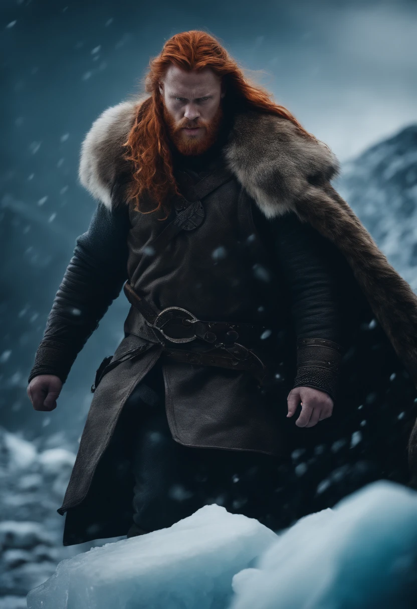 Viking with red hair and fur coat climbing a mountain of ice