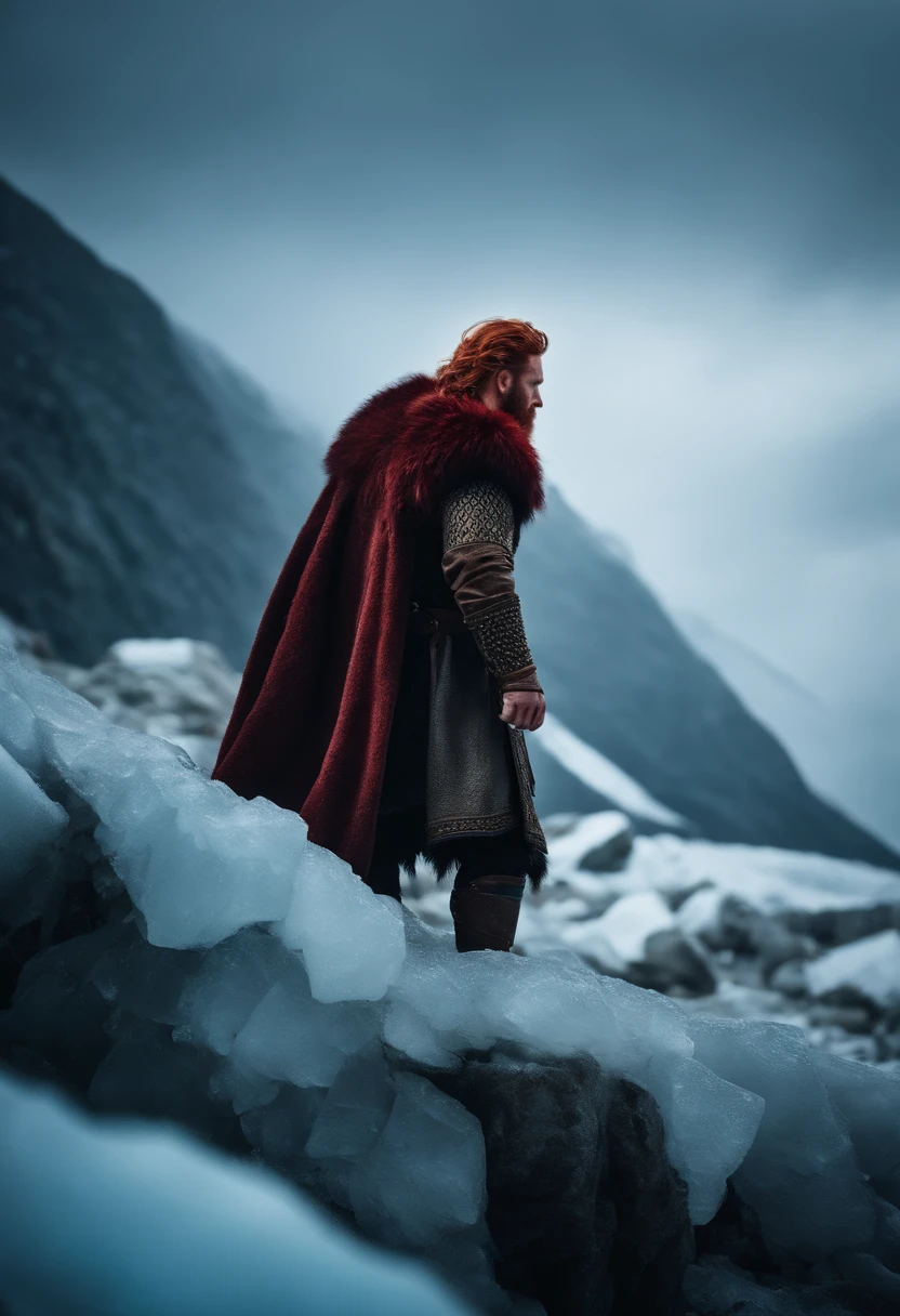 Viking with red hair and fur coat climbing a mountain of ice